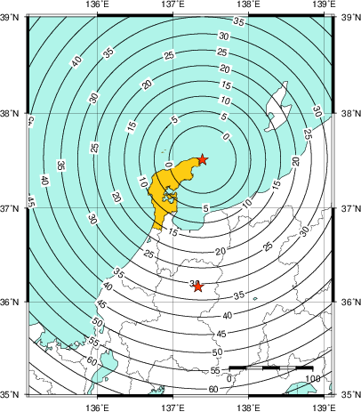 緊急地震速報(警報)第1報を発表した地域及び主要動到達までの時間