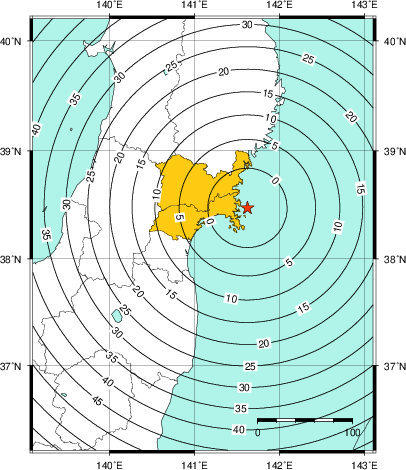 緊急地震速報(警報)第1報を発表した地域及び主要動到達までの時間