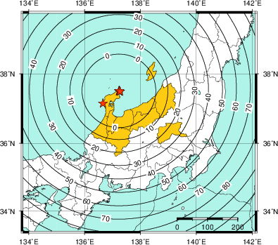 緊急地震速報(警報)第2報を発表した地域及び主要動到達までの時間