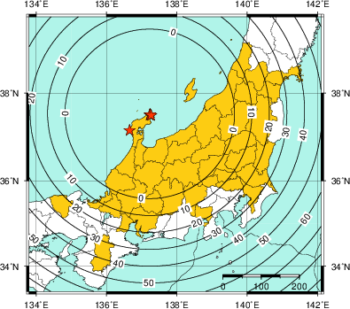 緊急地震速報(警報)第3報を発表した地域及び主要動到達までの時間