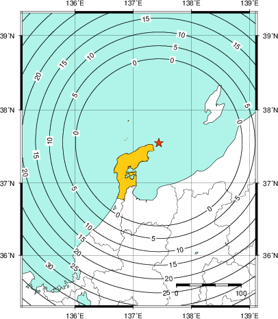 緊急地震速報(警報)第1報を発表した地域及び主要動到達までの時間