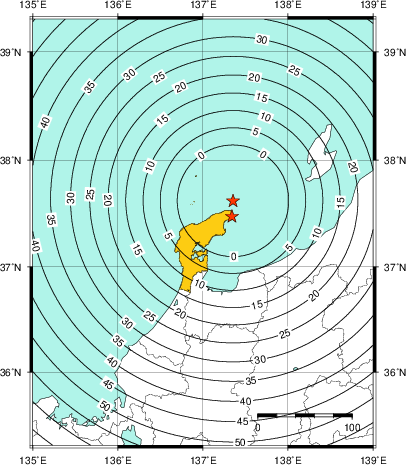 緊急地震速報(警報)第1報を発表した地域及び主要動到達までの時間