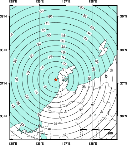 緊急地震速報第1報提供から主要動到達までの時間及び推計震度分布図