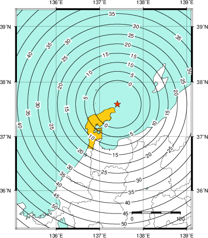 緊急地震速報(警報)第1報を発表した地域及び主要動到達までの時間