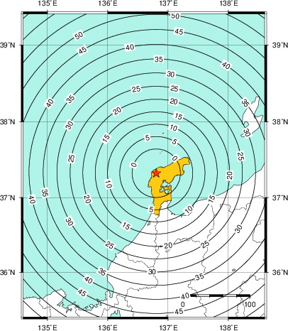 緊急地震速報(警報)第1報を発表した地域及び主要動到達までの時間