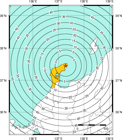 緊急地震速報(警報)第1報を発表した地域及び主要動到達までの時間