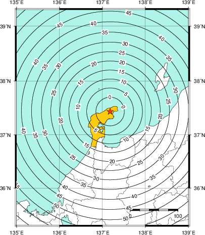 緊急地震速報(警報)第1報を発表した地域及び主要動到達までの時間