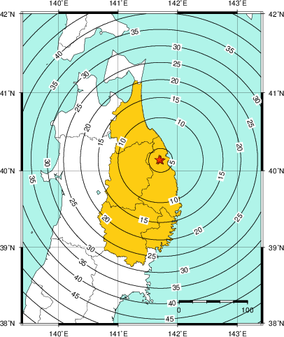 緊急地震速報(警報)第1報を発表した地域及び主要動到達までの時間