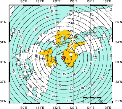 緊急地震速報(警報)第1報を発表した地域及び主要動到達までの時間