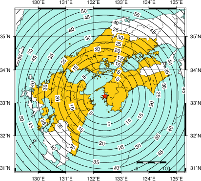 緊急地震速報(警報)第2報を発表した地域及び主要動到達までの時間