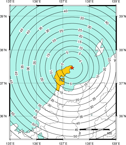 緊急地震速報(警報)第1報を発表した地域及び主要動到達までの時間