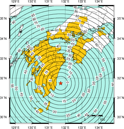 緊急地震速報(警報)第1報を発表した地域及び主要動到達までの時間
