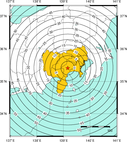 緊急地震速報(警報)第1報を発表した地域及び主要動到達までの時間