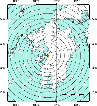 緊急地震速報第1報提供から主要動到達までの時間及び推計震度分布図