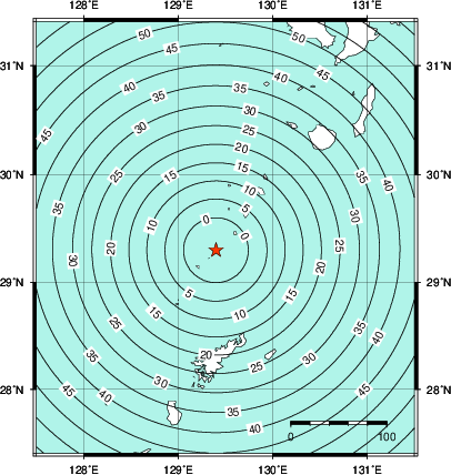 緊急地震速報第1報提供から主要動到達までの時間及び推計震度分布図