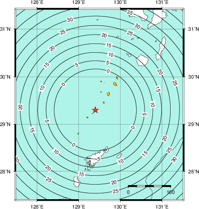 緊急地震速報(警報)第1報を発表した地域及び主要動到達までの時間