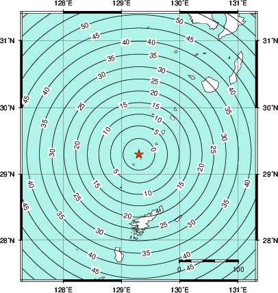 緊急地震速報第1報提供から主要動到達までの時間及び推計震度分布図