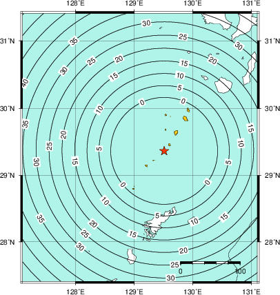 緊急地震速報(警報)第1報を発表した地域及び主要動到達までの時間