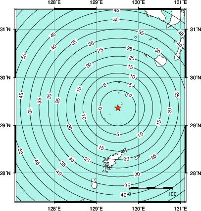 緊急地震速報第1報提供から主要動到達までの時間及び推計震度分布図