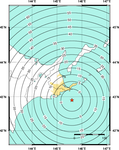 緊急地震速報第1報提供から主要動到達までの時間及び推計震度分布図