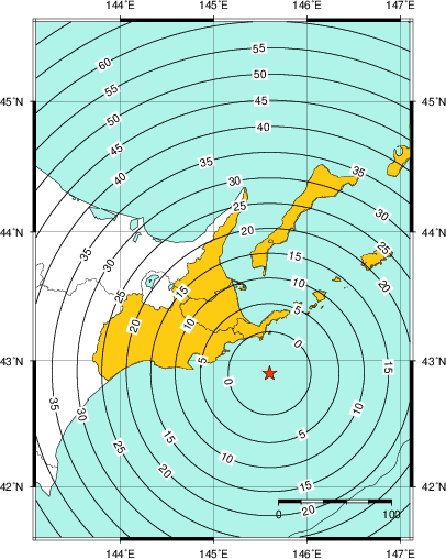 緊急地震速報(警報)第1報を発表した地域及び主要動到達までの時間