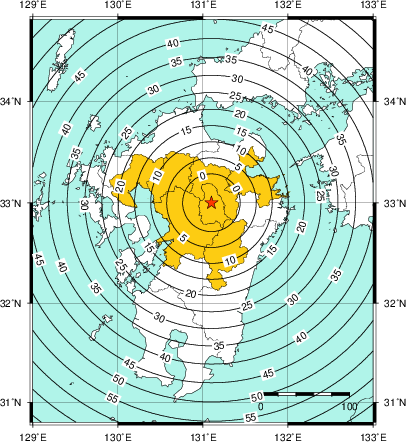 緊急地震速報（警報）第1報を発表した地域及び主要動到達までの時間