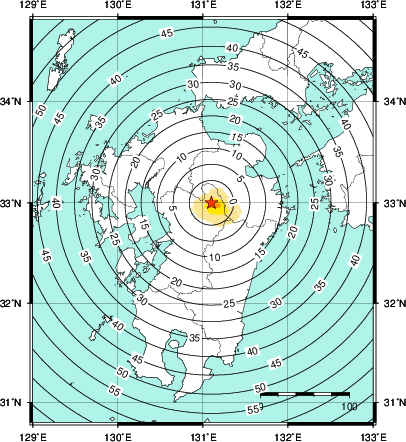 緊急地震速報第1報提供から主要動到達までの時間及び推計震度分布図