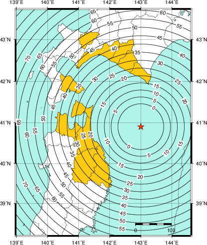 緊急地震速報(警報)第1報を発表した地域及び主要動到達までの時間
