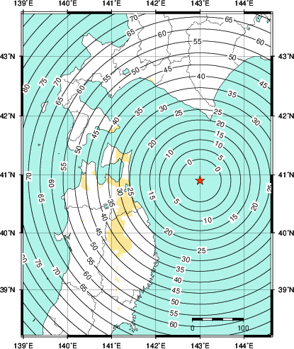 緊急地震速報第1報提供から主要動到達までの時間及び推計震度分布図