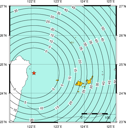 緊急地震速報（警報）第1報を発表した地域及び主要動到達までの時間
