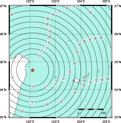 緊急地震速報第1報提供から主要動到達までの時間及び推計震度分布図