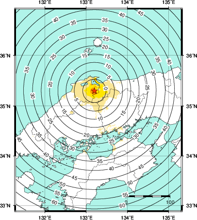 緊急地震速報第1報提供から主要動到達までの時間及び推計震度分布図