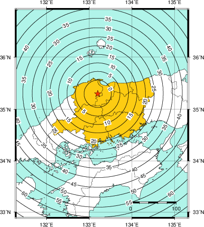 緊急地震速報（警報）第1報を発表した地域及び主要動到達までの時間