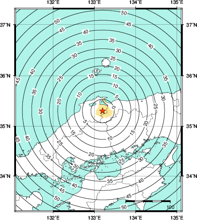緊急地震速報第1報提供から主要動到達までの時間及び推計震度分布図