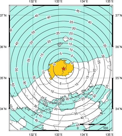 緊急地震速報(警報)第1報を発表した地域及び主要動到達までの時間