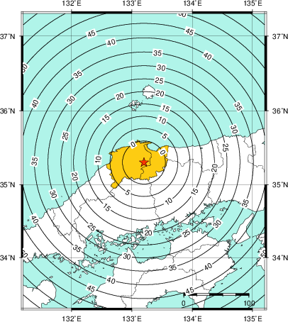緊急地震速報（警報）第1報を発表した地域及び主要動到達までの時間