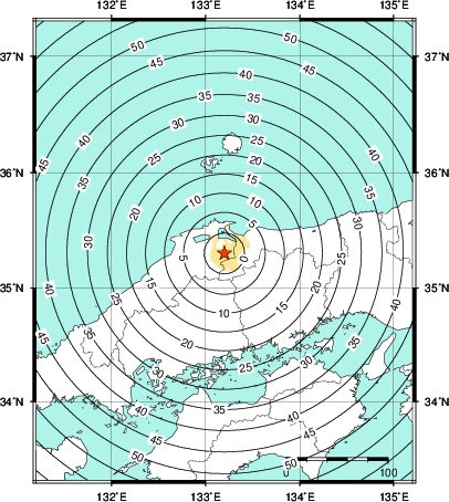 緊急地震速報第1報提供から主要動到達までの時間及び推計震度分布図
