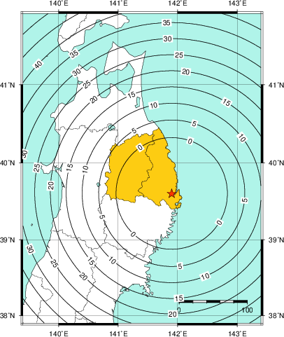 緊急地震速報(警報)第1報を発表した地域及び主要動到達までの時間