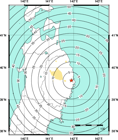 緊急地震速報第1報提供から主要動到達までの時間及び推計震度分布図