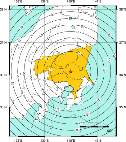 緊急地震速報(警報)第1報を発表した地域及び主要動到達までの時間