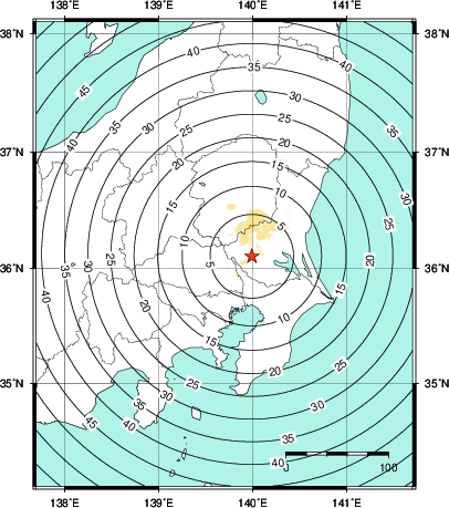緊急地震速報第1報提供から主要動到達までの時間及び推計震度分布図