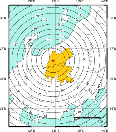 緊急地震速報（警報）第1報を発表した地域及び主要動到達までの時間