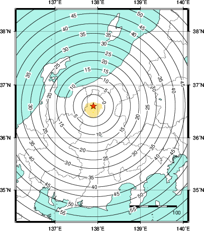 緊急地震速報第1報提供から主要動到達までの時間及び推計震度分布図