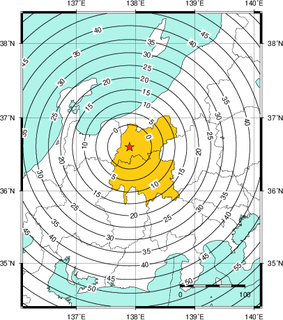 緊急地震速報（警報）第1報を発表した地域及び主要動到達までの時間