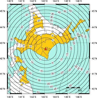 緊急地震速報（警報）第1報を発表した地域及び主要動到達までの時間