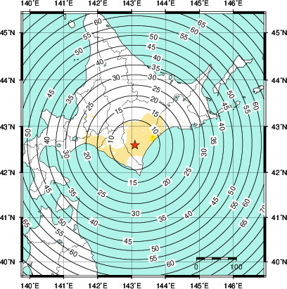 緊急地震速報第1報提供から主要動到達までの時間及び推計震度分布図
