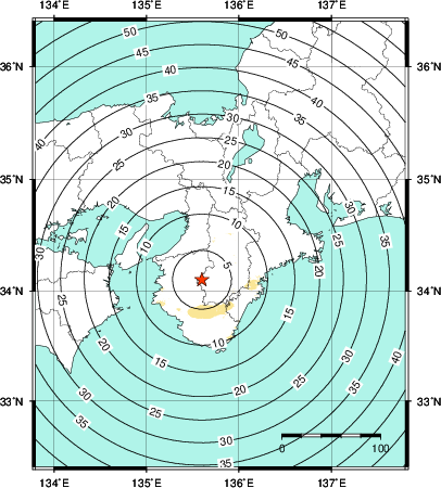 緊急地震速報第1報提供から主要動到達までの時間及び推計震度分布図