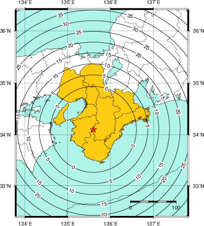 緊急地震速報（警報）第1報を発表した地域及び主要動到達までの時間