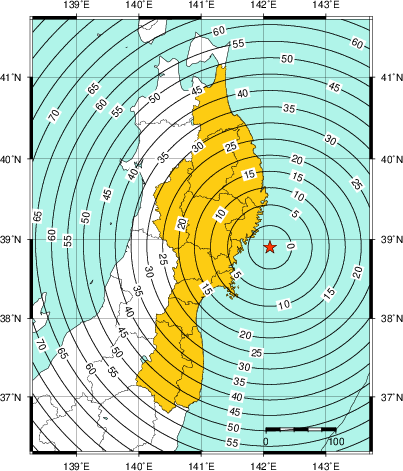 緊急地震速報（警報）第1報を発表した地域及び主要動到達までの時間