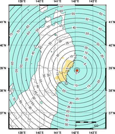 緊急地震速報第1報提供から主要動到達までの時間及び推計震度分布図
